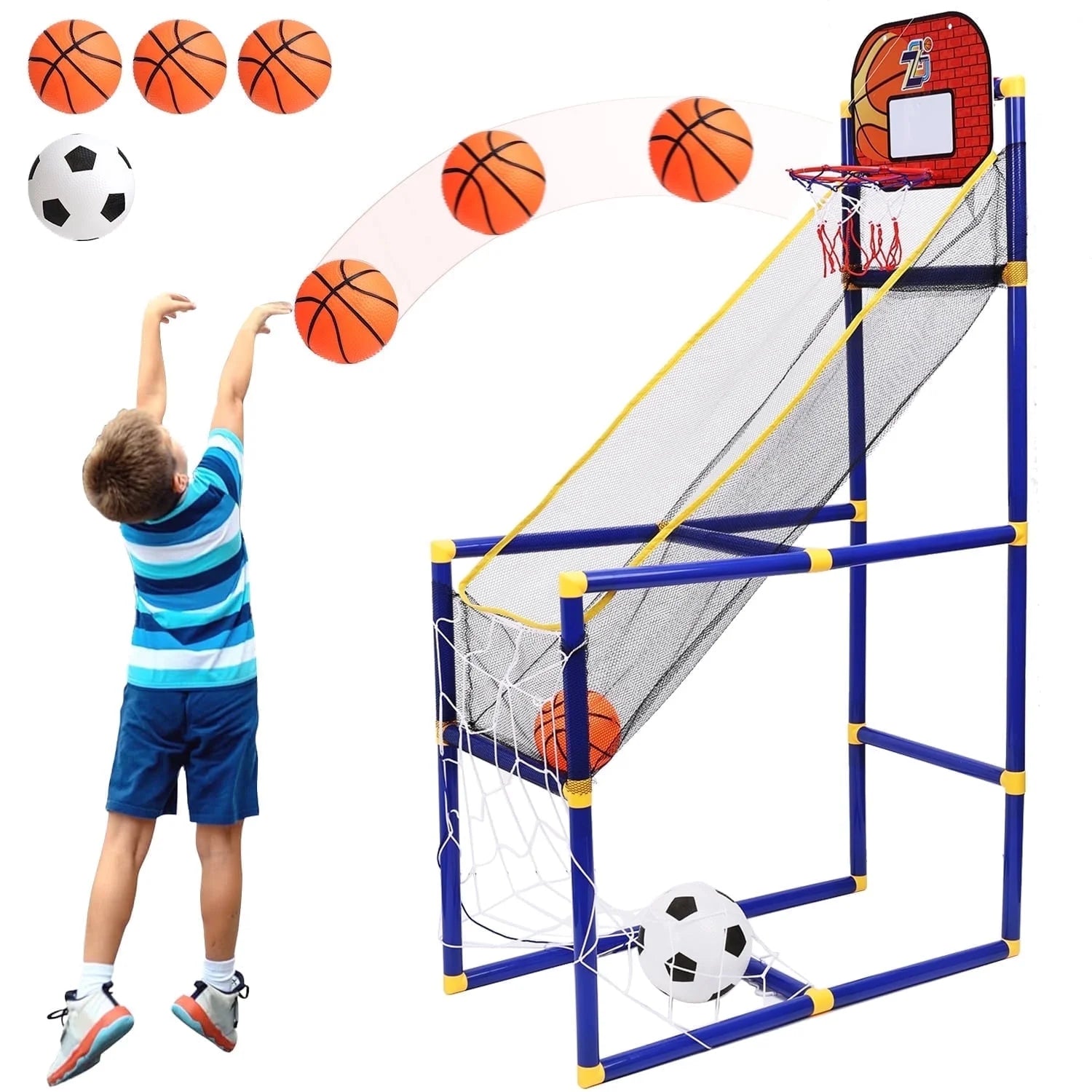Basketball Hoop Arcade Game Toy for Kids, 2 in 1 Basketball Hoop Soccer Game Toys, Basketball Hoop Indoor Outdoor with 4 Balls for Age 3+ Years Boys Girls