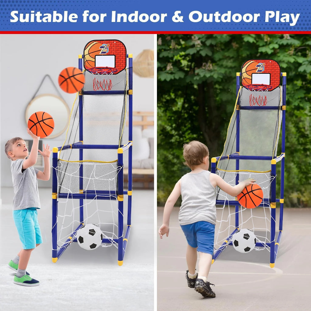 Basketball Hoop Arcade Game Toy for Kids, 2 in 1 Basketball Hoop Soccer Game Toys, Basketball Hoop Indoor Outdoor with 4 Balls for Age 3+ Years Boys Girls